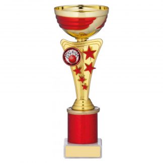 Gold and Red Tube Trophy with Own Logo - 3 Sizes - A0112