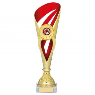 Gold and Red Swoosh Trophy with Own Logo - 3 Sizes - A0120