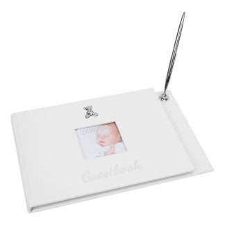 White Leatherette Baby Guest Book and Pen Set - CG1740