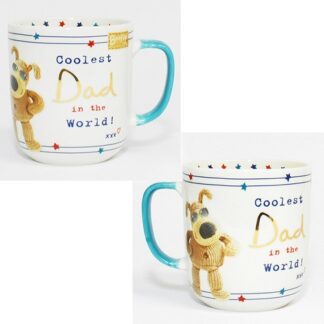 Beautiful star detailed Boofle dad ceramic mug. An ideal keepsake gift for a special dad, designed with wording, 'Coolest dad in the world!' and a boofle pup wearing sunglasses.
