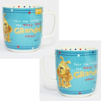 Beautiful star detailed Boofle grandad ceramic mug. An ideal keepsake gift for a special grandad, designed with wording, 'This mug belongs to the very best Grandad ever!' and two boofle pups hugging.