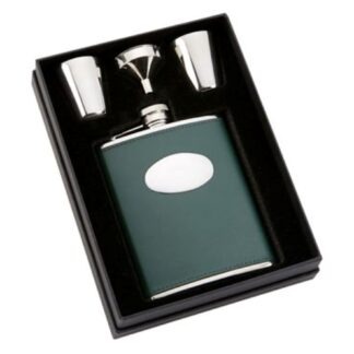 Green Leather Hip Flask, Funnel & Two Cups - R3124