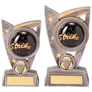 ten pin bowling trophy. This award features a bowling ball with word 'Strike' across it and star design.